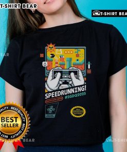 Official Mario SGDQ Speedrunning 2025 Retro Gamer Ladies Tee featuring vibrant graphics and a stylish fit for gamers.