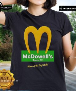 Official McDowell's Restaurant logo on a ladies tee featuring the Big Mick, perfect for fans of the iconic eatery.