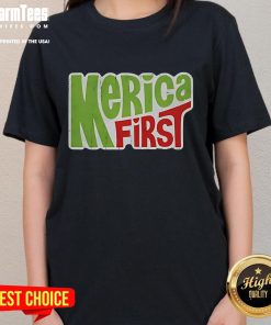 Official Merica First Logo Ladies Tee featuring a stylish design for patriotic women, perfect for casual wear.