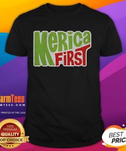 Alt Text: Official Merica First Logo T-Shirt featuring bold patriotic design in red, white, and blue colors.