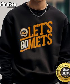 Alt Text: Official Mets logo on a stylish sweatshirt, perfect for fans showing their support with Let's Go Mets! design.