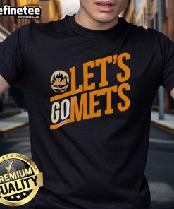Alt Text: Official Mets logo on a Let's Go Mets T-shirt, perfect for fans showing support for the New York Mets.