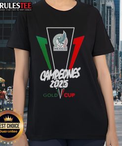 Alt Text: Official Mexico Campen de la Copa Oro de la CONCACAF 2025 logo on a stylish ladies tee, perfect for fans.
