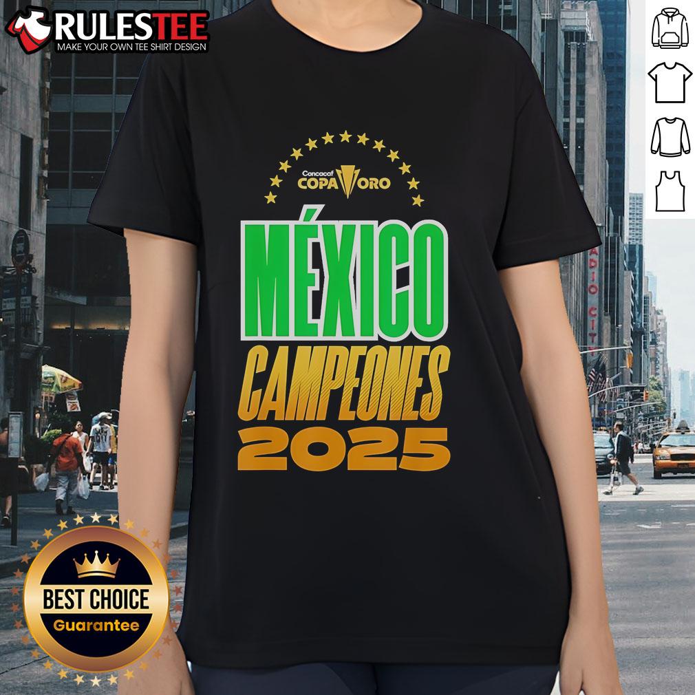 Official Mexico Campeones Concacaf 2025 Ladies Tee Alt Text: Official Mexico Campeones Concacaf 2025 ladies tee featuring vibrant colors and team logo for fans.