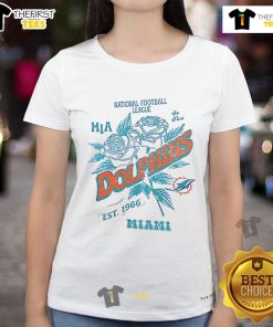 Official Miami Dolphins ladies tee, featuring the NFL logo and established 1966, perfect for fans of the football team.