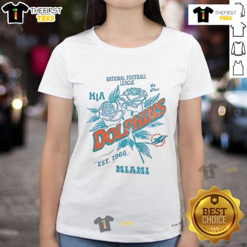 Official Miami Dolphins ladies tee, featuring the NFL logo and established 1966, perfect for fans of the football team.
