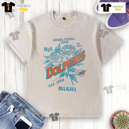 Alt Text: Official Miami Dolphins Rose T-Shirt, National Football League, Est. 1966, stylish and comfortable fan apparel.