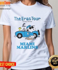 Official Miami Marlins The Eras Tour Snoopy Ladies Tee featuring a stylish design perfect for baseball fans and fashion lovers.