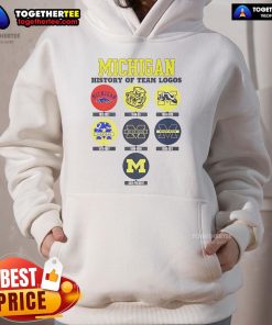 Official Michigan History of Team Logos Hoodie showcasing iconic designs and vibrant colors, perfect for fans.