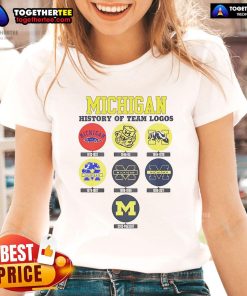 Official Michigan History of Team Logos Ladies Tee showcasing vintage sports team logos in a stylish design.