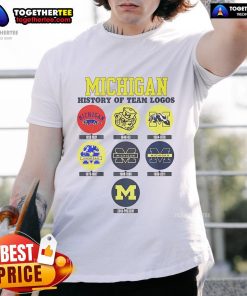 Official Michigan History Of Team Logos T-Shirt featuring iconic Michigan sports team logos in vibrant colors.