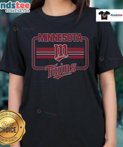 Alt Text: Official Minnesota Twins Fanfare Ladies Tee, featuring team colors and logo, perfect for female baseball fans.