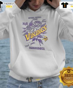 Official Minnesota Vikings Rose Hoodie featuring NFL logo, established 1961, perfect for fans and cold weather.