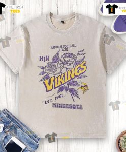 Official Minnesota Vikings Rose T-Shirt, NFL Est. 1961, featuring vibrant team colors and logo for fans.
