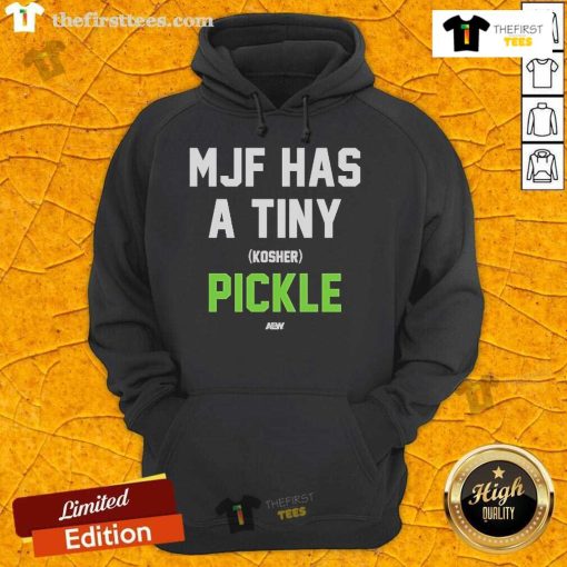 Official MJF hoodie featuring a tiny kosher pickle design, perfect for fans of wrestling and unique fashion.
