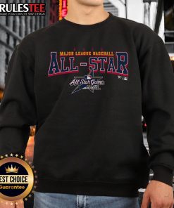 Official MLB All Star 2025 Game sweatshirt featuring team logos and vibrant colors, perfect for baseball fans.