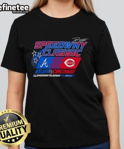 Official MLB Speedway Classic 2025 Ladies Tee featuring Cincinnati Reds vs Atlanta Braves design for fans.