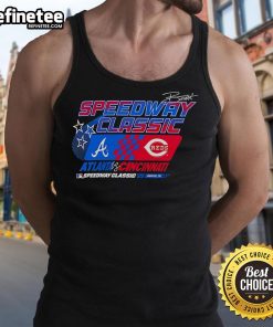 Alt Text: Official MLB Speedway Classic 2025 tank top featuring Cincinnati Reds vs Atlanta Braves logo design.