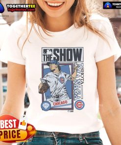 Official MLB The Show Cubs Shota Imanaga ladies tee featuring vibrant team colors and stylish design for baseball fans.