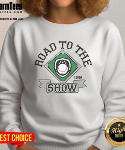 Alt Text: Official MLB The Show Road To The Show 2025 sweatshirt featuring a stylish design for baseball fans and gamers.