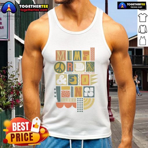 Official Mumford and Sons July 27, 2025 concert poster on a tank top, showcasing vibrant design in Charleston, SC.