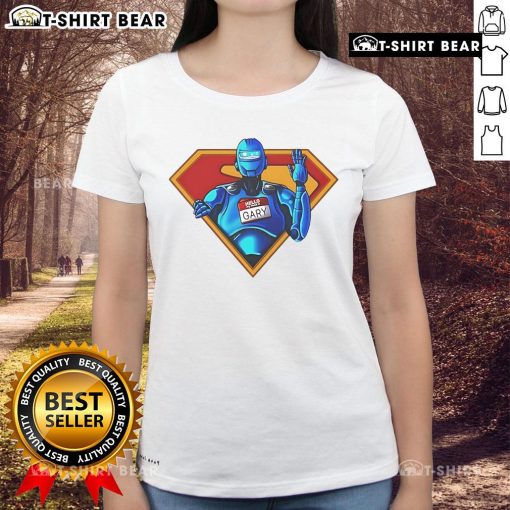 Alt Text: Stylish Official My Name Is Gary Superman Ladies Tee featuring a vibrant design for superhero fans and fashion lovers.