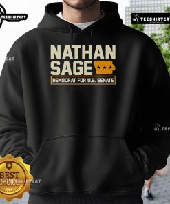 Official Nathan Sage Democrat for U.S. Senate hoodie in navy, promoting the campaign and political support.