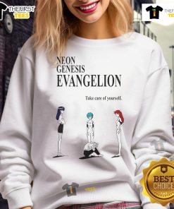 Official Neon Genesis Evangelion Take Care of Yourself Sweatshirt featuring iconic anime design and vibrant colors.