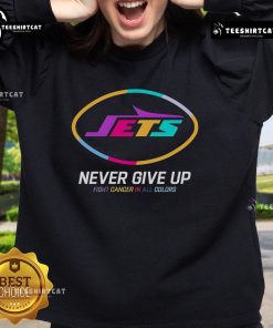 Alt Text: Official Never Give Up Fight Cancer in All Colors New York Jets Sweatshirt showcasing vibrant colors and team logo.