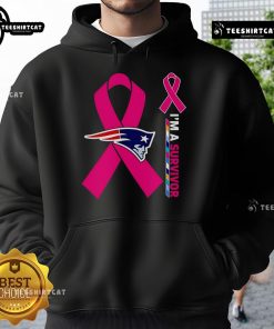 Alt Text: Official New England Patriots Cancer Awareness 'I'm A Survivor' Hoodie in navy blue with team logo and awareness ribbon.