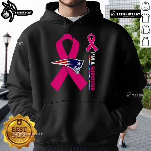 Alt Text: Official New England Patriots Cancer Awareness 'I'm A Survivor' Hoodie in navy blue with team logo and awareness ribbon.