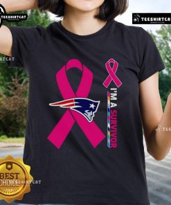Official New England Patriots Cancer Awareness 'I'm A Survivor' Ladies Tee showcasing team spirit and support for cancer survivors.