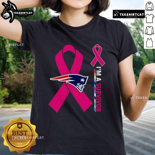 Official New England Patriots Cancer Awareness 'I'm A Survivor' Ladies Tee showcasing team spirit and support for cancer survivors.
