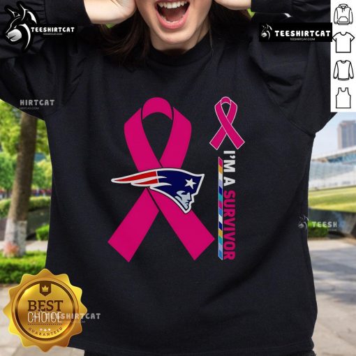 Official New England Patriots Cancer Awareness 'I'm A Survivor' Sweatshirt featuring team logo and supportive message.