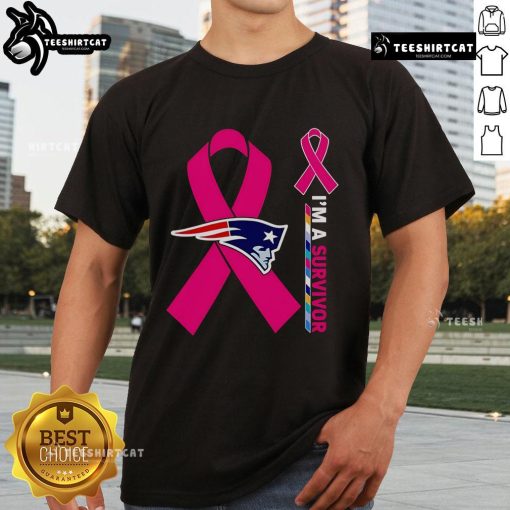 Official New England Patriots X Cancer Awareness I'M A Survivor T-Shirt featuring team logo and vibrant pink design.