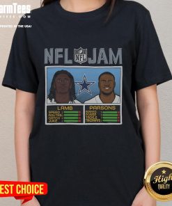 Alt Text: Official NFL Jam Cowboys Lamb and Parsons Ladies Tee featuring team colors and player graphics for stylish fans.