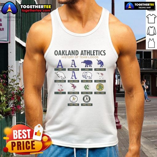 Official Oakland Athletics 1901 history of team logos tank top featuring classic designs and vibrant colors.