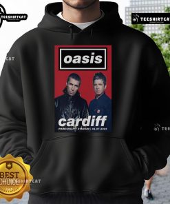 Alt Text: Official Oasis Cardiff Principality Stadium July 4, 2025 poster hoodie design featuring vibrant graphics.