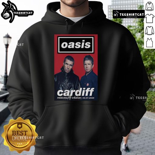 Alt Text: Official Oasis Cardiff Principality Stadium July 4, 2025 poster hoodie design featuring vibrant graphics.
