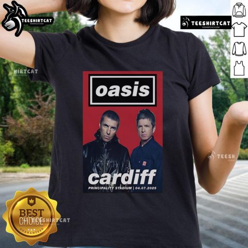 Official Oasis Cardiff Principality Stadium July 4, 2025 poster on a ladies tee shirt design featuring vibrant graphics.