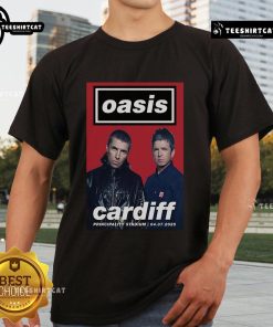 Official Oasis Cardiff Principality Stadium July 4 2025 T-Shirt poster featuring iconic band logo and event details.