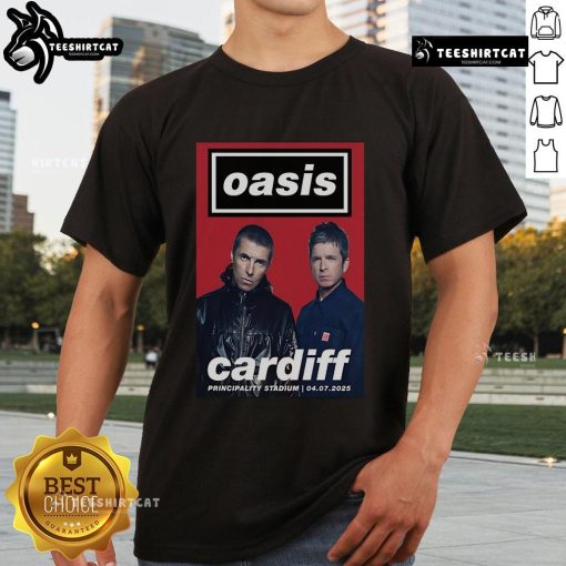 Official Oasis Cardiff Principality Stadium July 4 2025 T-Shirt poster featuring iconic band logo and event details.