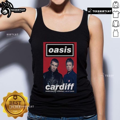 Official Oasis Cardiff Principality Stadium July 4, 2025 poster on a tank top, featuring vibrant colors and iconic band imagery.