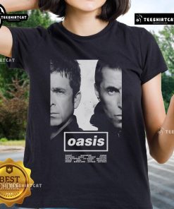 Official Oasis Live Tour 2025 poster on a ladies tee, featuring vibrant graphics and tour details for fans.