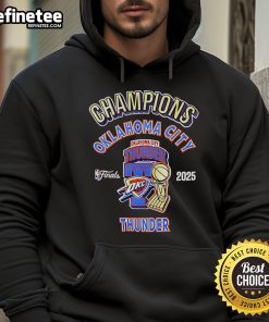 Alt Text: Official OKC Thunder 2025 NBA Champions Pro Hoodie showcasing team logo and vibrant design for fans.