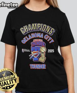 Official OKC Thunder 2025 NBA Champions Pro Ladies Tee showcasing team colors and logo for fans and supporters.