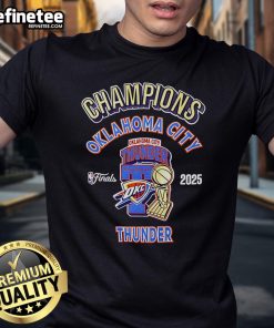 Official OKC Thunder 2025 NBA Champions Pro T-Shirt featuring bold team logo and vibrant colors, perfect for fans.