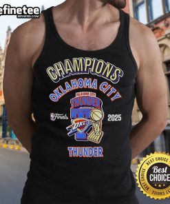 Official OKC Thunder 2025 NBA Champions Pro Tank Top featuring team logo and vibrant colors for fans and athletes.
