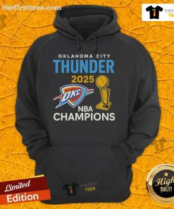 Alt Text: Official OKC Thunder 2025 NBA Champions Trophy Classic Hoodie in vibrant blue with team logo and championship details.