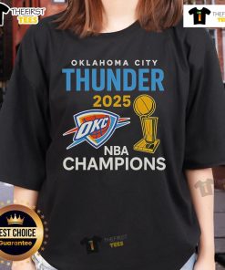 Alt Text: Official OKC Thunder 2025 NBA Champions Trophy Classic Ladies Tee featuring vibrant team colors and logo design.